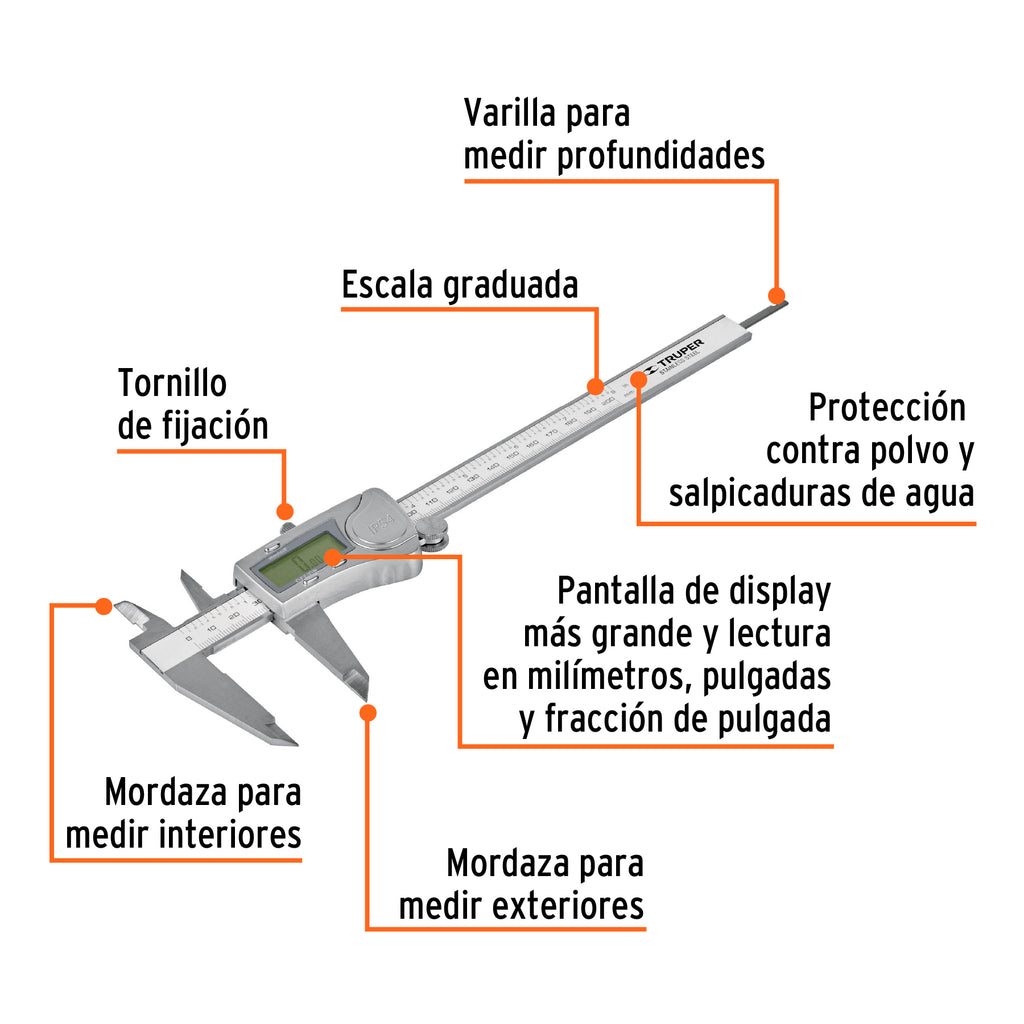 Calibrador vernier digital 6" acero inox, std y mm, TRUPER CALDI-6MP (14388)