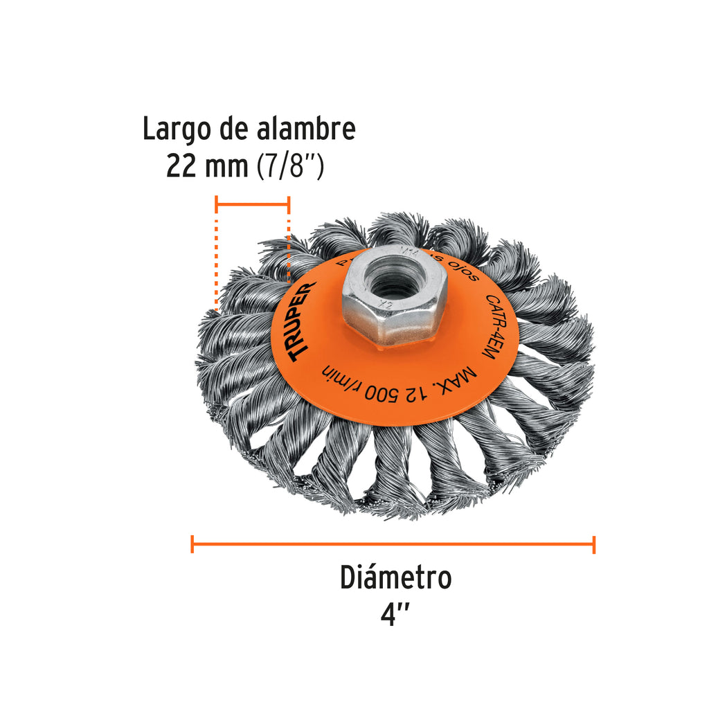 Carda tipo cónico 4" alambre trenzado, eje M14, TRUPER CATR-4EM (14188)