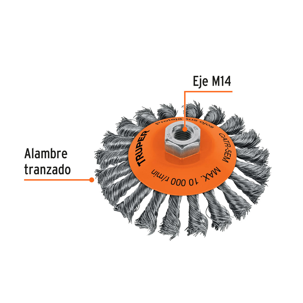 Carda tipo cónico 5" alambre trenzado, eje M14, TRUPER CATR-5EM (14189)