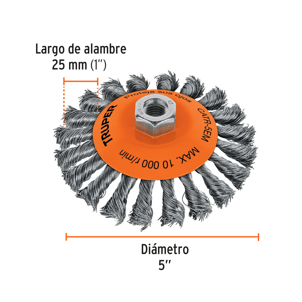 Carda tipo cónico 5" alambre trenzado, eje M14, TRUPER CATR-5EM (14189)