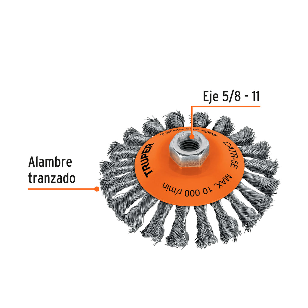 Carda tipo cónico 5" alambre trenzado, eje 5/8"-11 TRUPER CATR-5E (14191)