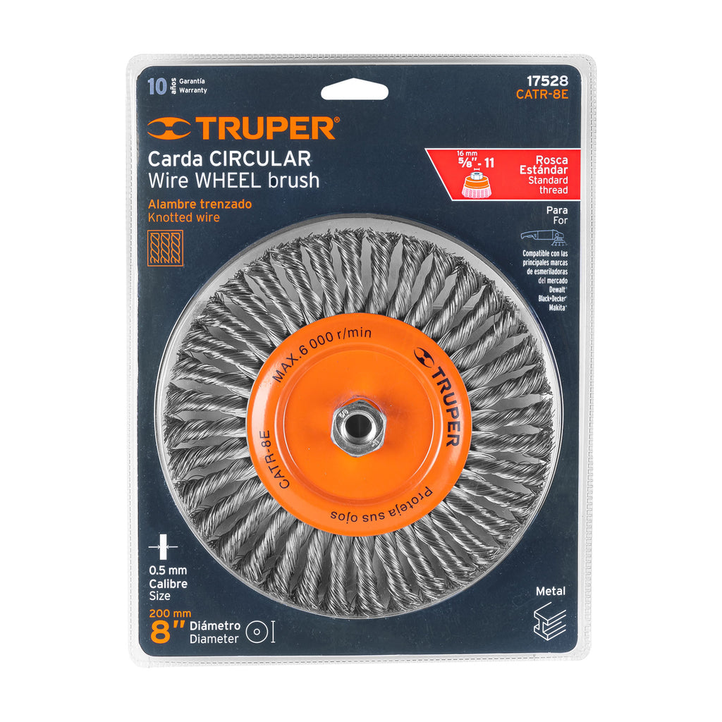 Carda circular 8" alambre trenzado, eje 5/8"-11, TRUPER CATR-8E (17528)