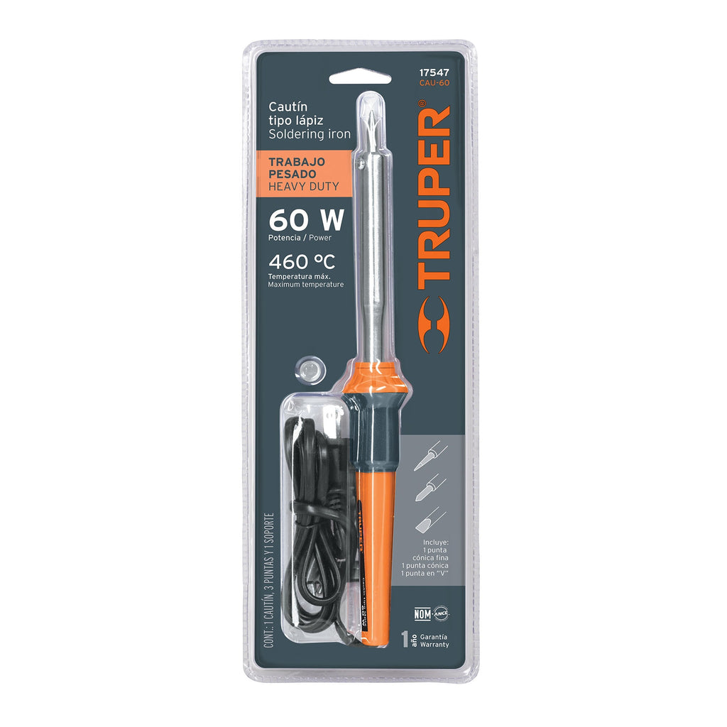 Cautín 60 W tipo lápiz para trabajo pesado, TRUPER CAU-60 (17547)