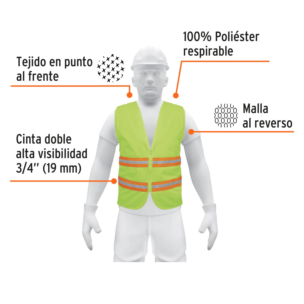 Chaleco de seguridad verde alta visibilidad con cierre, TRUPER CHS-600V (13474)