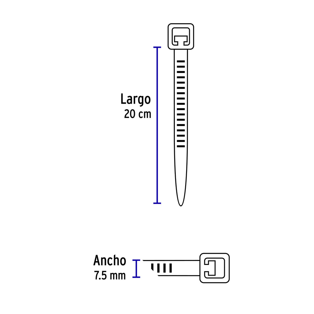 Cinchos plásticos 120 lb, 200 x 7.5 mm, bolsa con 10pz, VOLTECK CIN-12020 (48981)