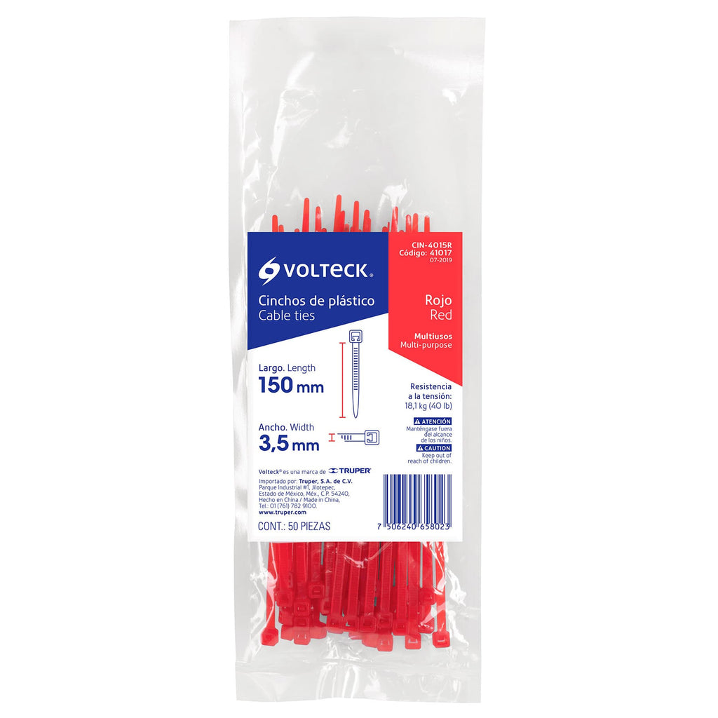 Cinchos plásticos 40 lb, 150 x 3.5 mm, rojos, bolsa con 50pz, VOLTECK CIN-4015R (41017)