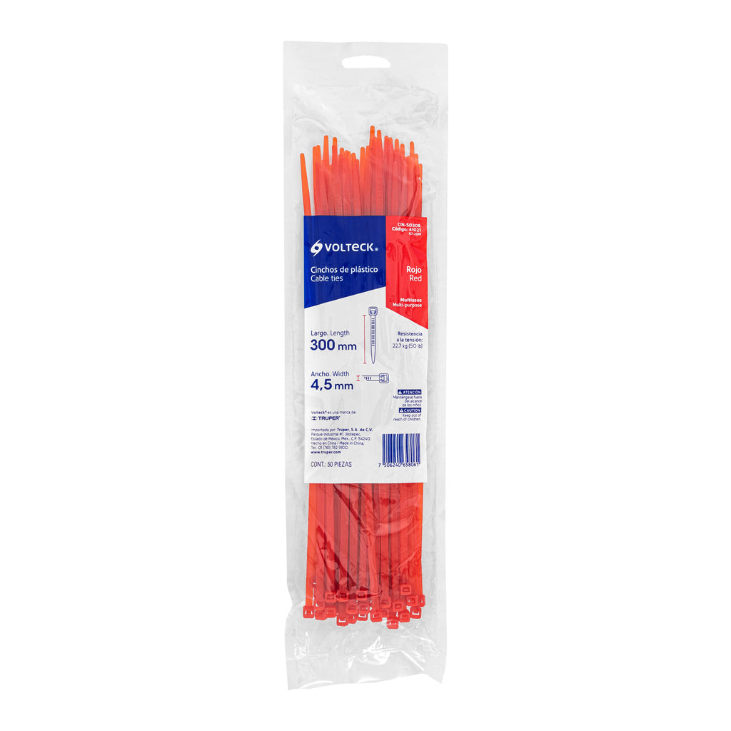 Cinchos plásticos 50 lb, 300 x 4.5 mm, rojos, bolsa con 50pz, VOLTECK CIN-5030R (41021)