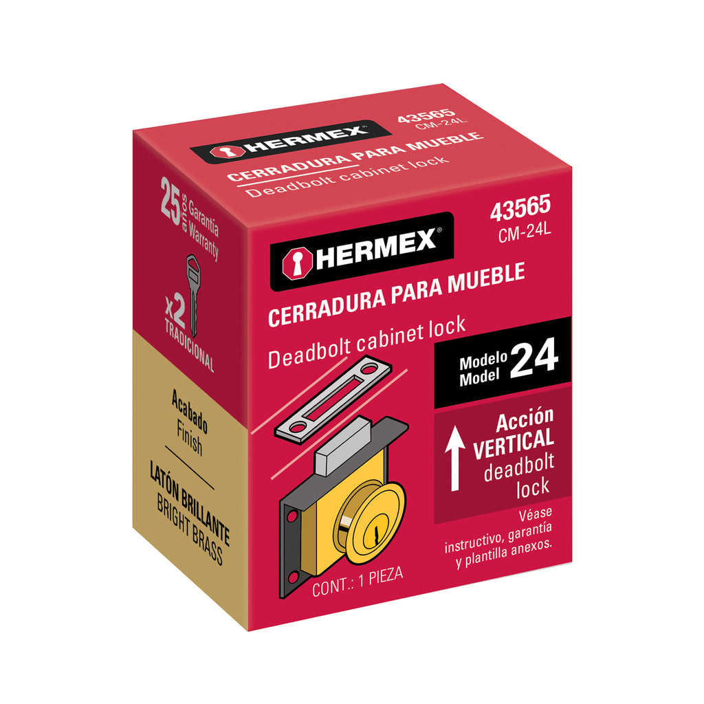 Cerradura para mueble, modelo 24, latón, HERMEX CM-24L (43565)