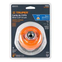 Cargar imagen en el visor de la galería, Carda copa 4&quot; alambre ondulado fino, eje M14, TRUPER CO-510M (11532)