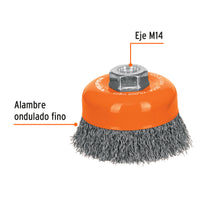 Cargar imagen en el visor de la galería, Carda copa 4&quot; alambre ondulado fino, eje M14, TRUPER CO-510M (11532)