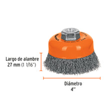 Cargar imagen en el visor de la galería, Carda copa 4&quot; alambre ondulado fino, eje 5/8&quot;-11, TRUPER CO-510 (11529)