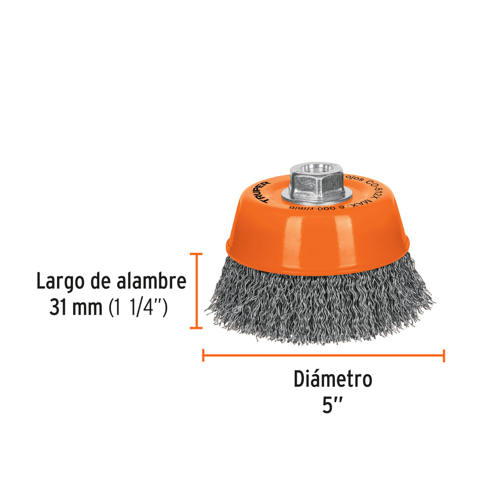 Carda copa 5" alambre ondulado grueso, eje 5/8"-11, TRUPER CO-512X (17533)