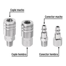 Juego de 2 conectores y 2 coples para compresor, PRETUL CORAL-4P (27020)