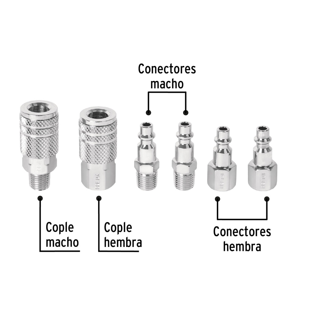 Juego de 4 conectores y 2 coples, compresor de aire, PRETUL CORAL-6P (27030)