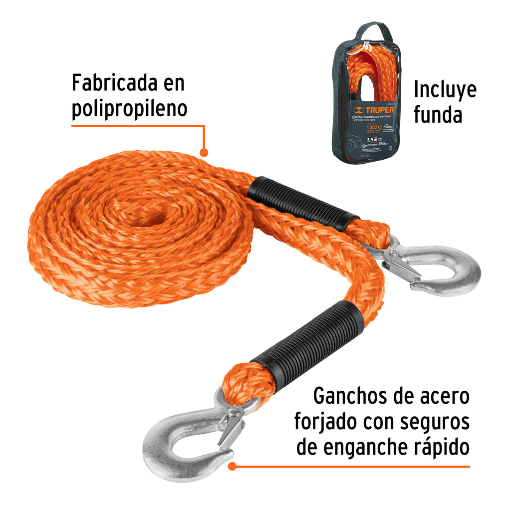 Cuerda con ganchos para remolque, 22 mm x 3.5 m, TRUPER CREM-5/8X35 (18345)