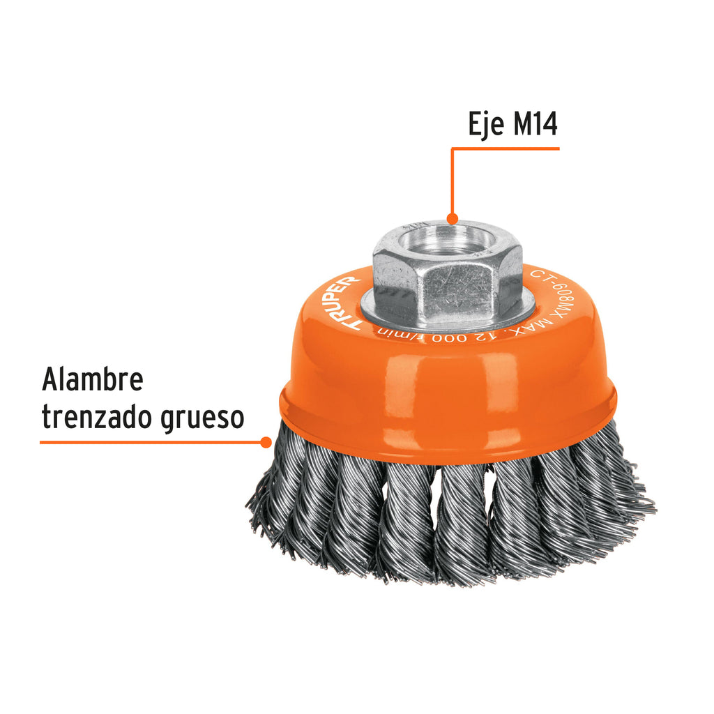 Carda copa 3" alambre trenzado grueso, eje M14, TRUPER CT-608MX (17530)