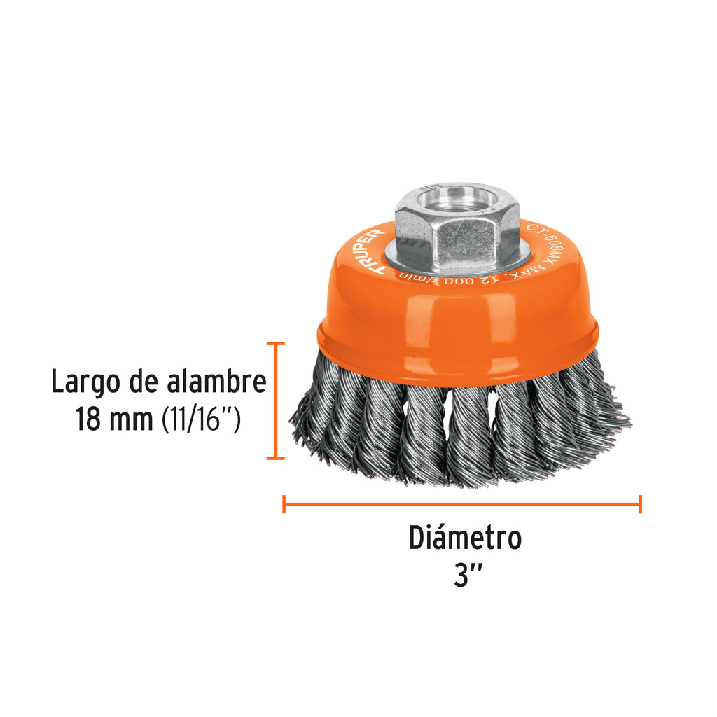 Carda copa 3" alambre trenzado grueso, eje M14, TRUPER CT-608MX (17530)