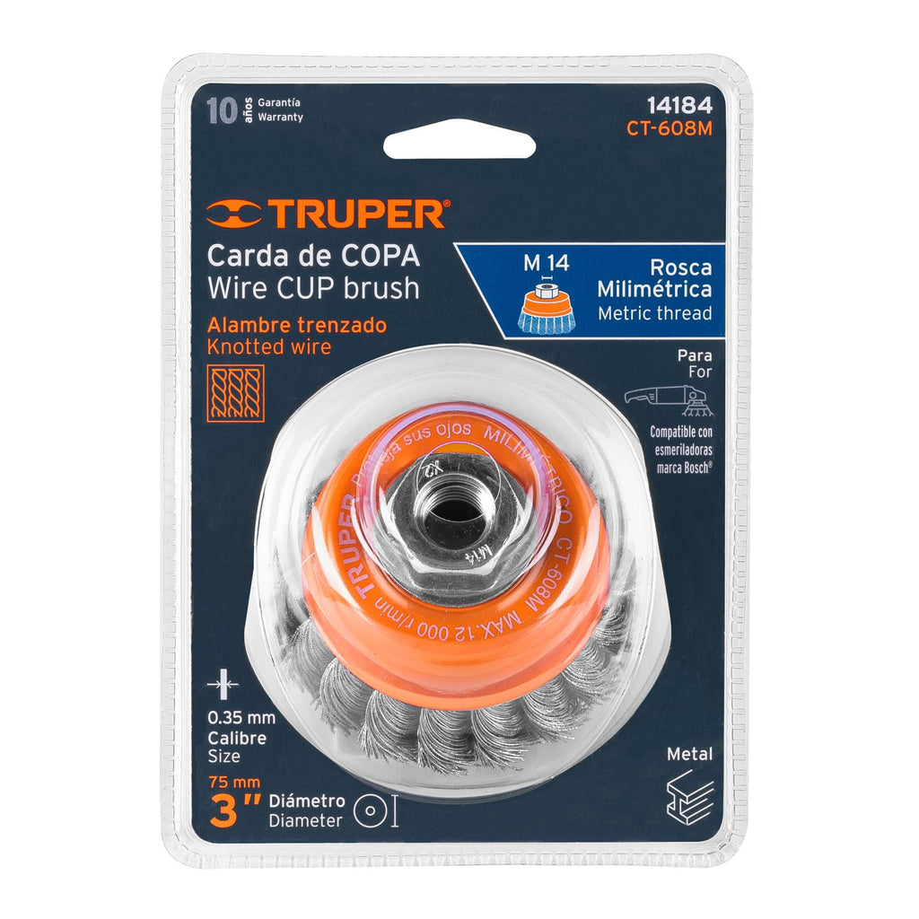 Carda copa 3" alambre trenzado fino, eje M14, TRUPER CT-608M (14184)