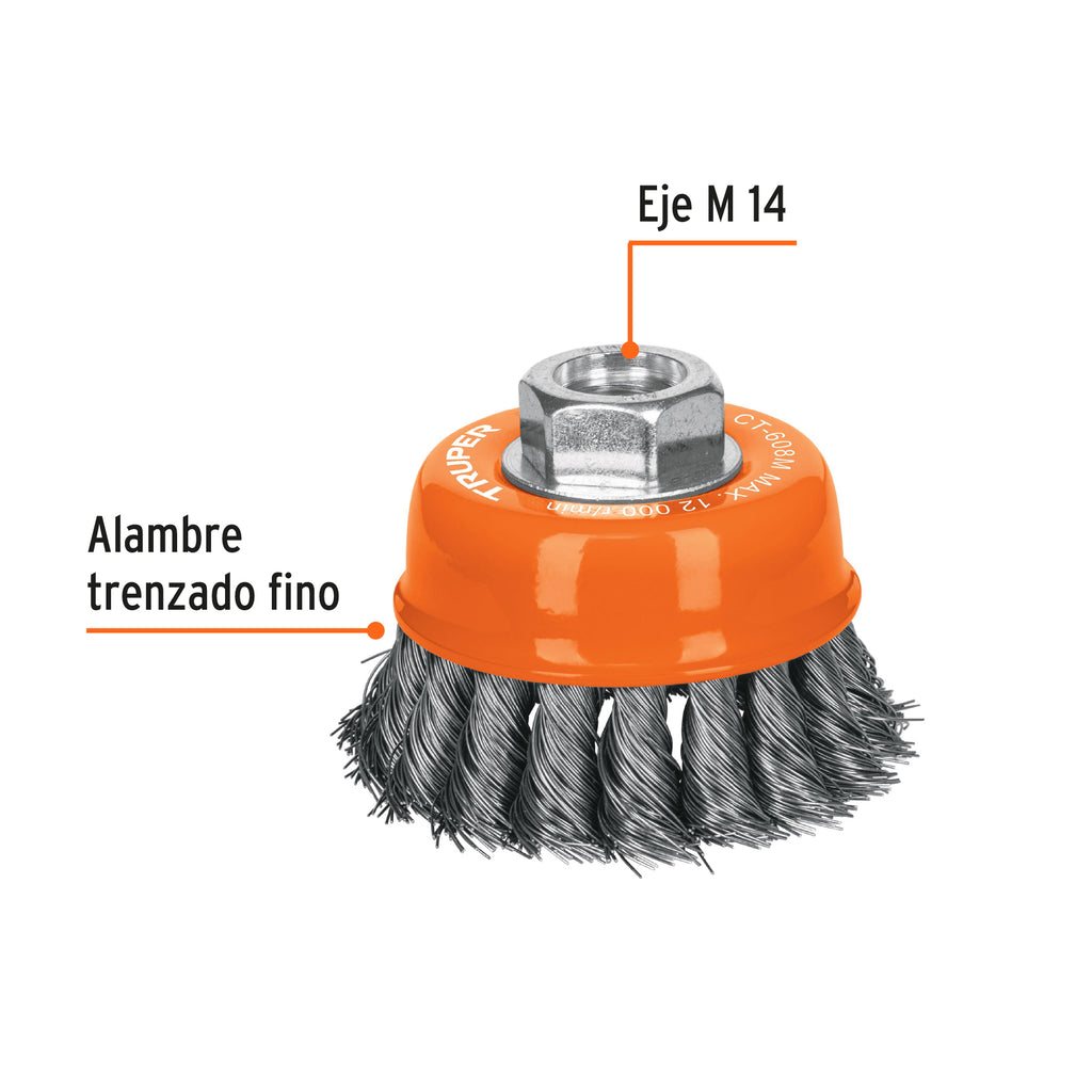 Carda copa 3" alambre trenzado fino, eje M14, TRUPER CT-608M (14184)