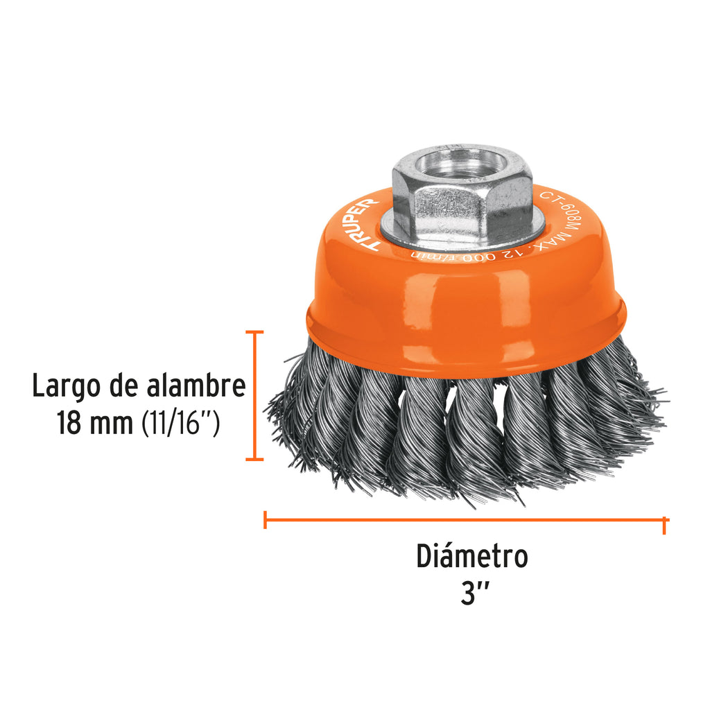 Carda copa 3" alambre trenzado fino, eje M14, TRUPER CT-608M (14184)