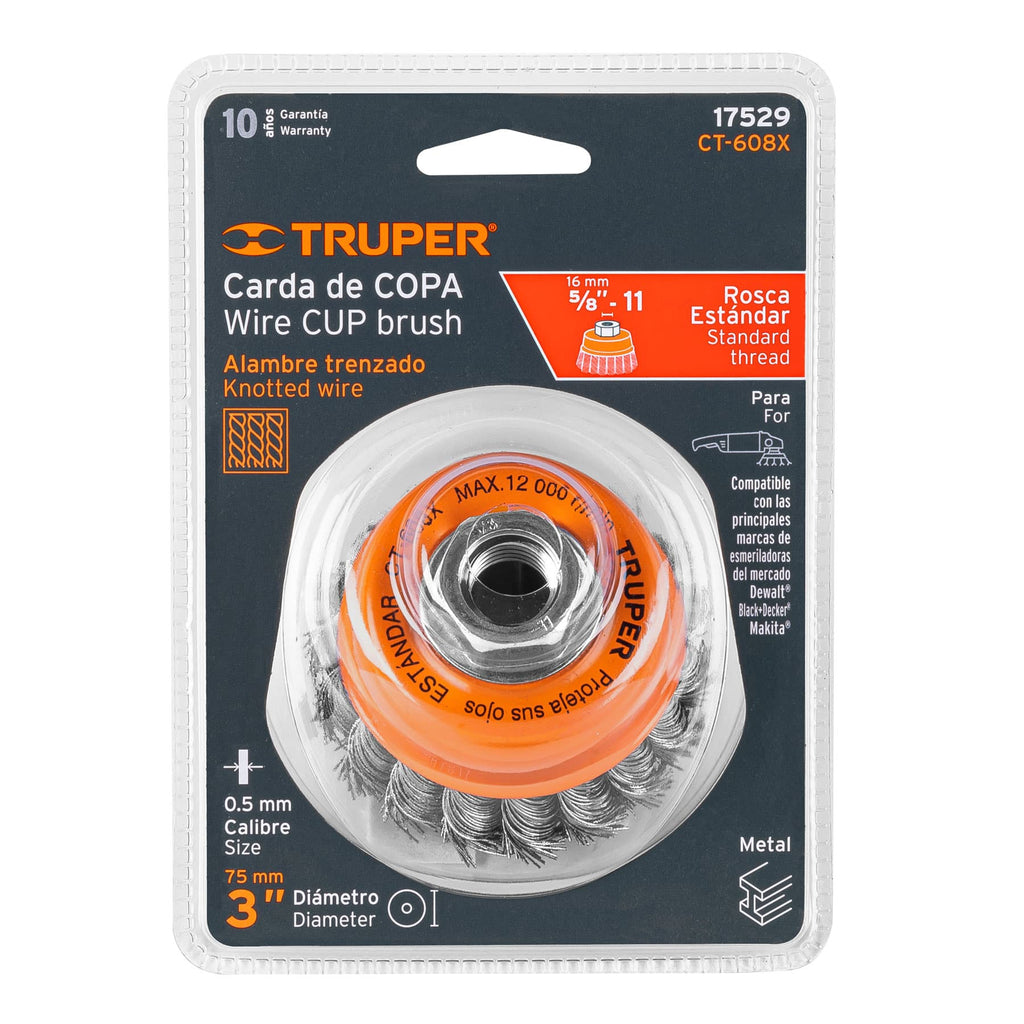 Carda copa 3" alambre trenzado grueso, eje 5/8"-11, TRUPER CT-608X (17529)