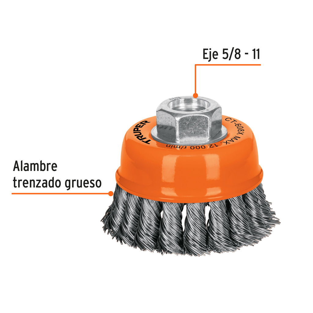 Carda copa 3" alambre trenzado grueso, eje 5/8"-11, TRUPER CT-608X (17529)