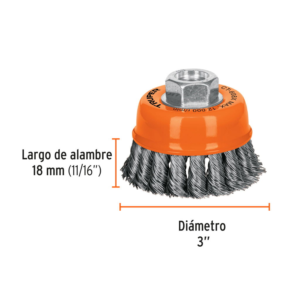 Carda copa 3" alambre trenzado grueso, eje 5/8"-11, TRUPER CT-608X (17529)