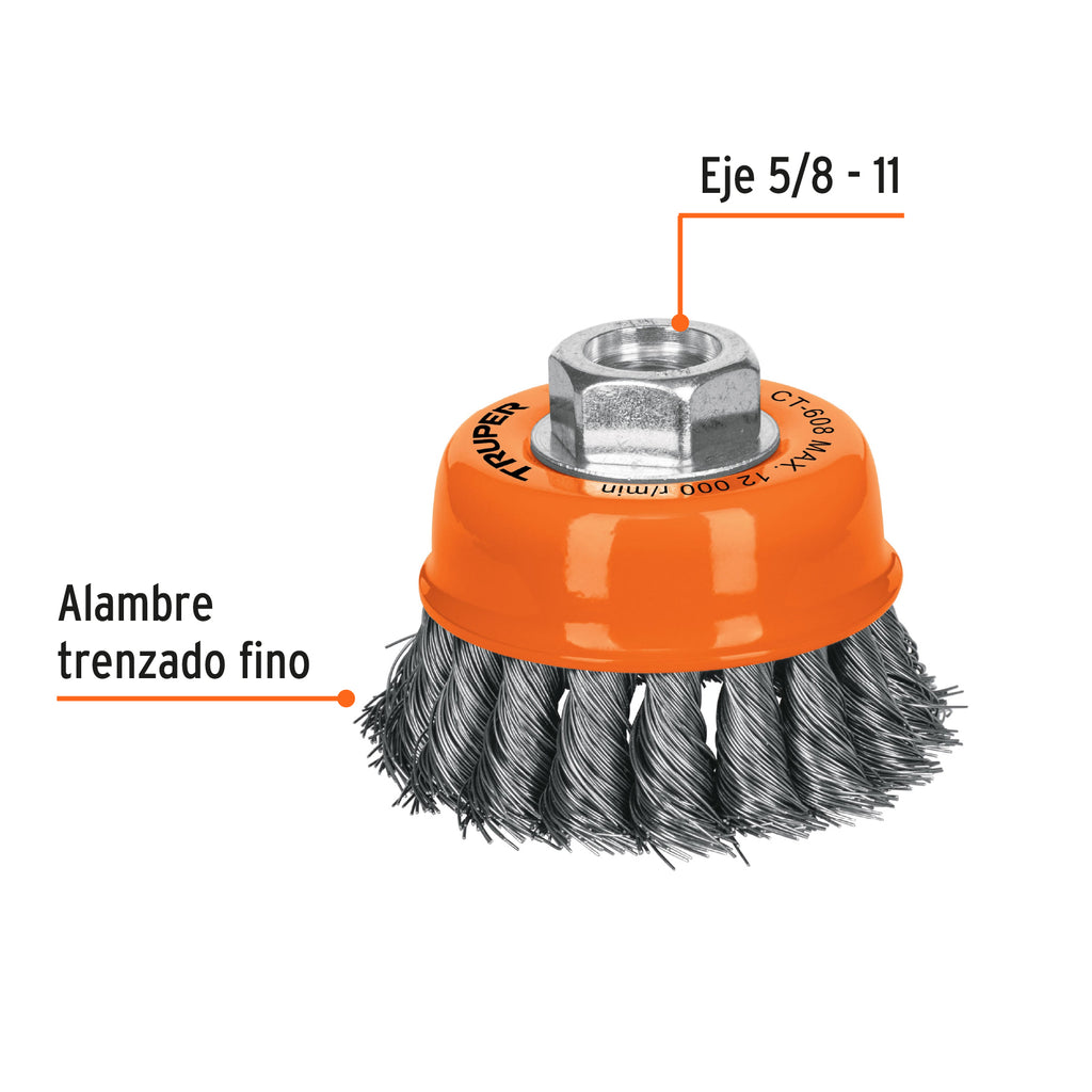 Carda copa 3" alambre trenzado fino, eje 5/8"-11, TRUPER CT-608 (14186)