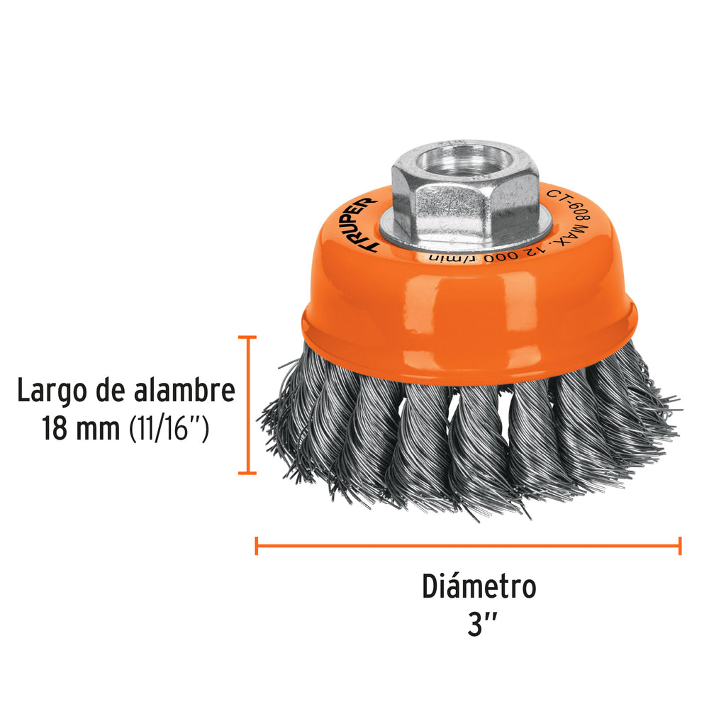 Carda copa 3" alambre trenzado fino, eje 5/8"-11, TRUPER CT-608 (14186)