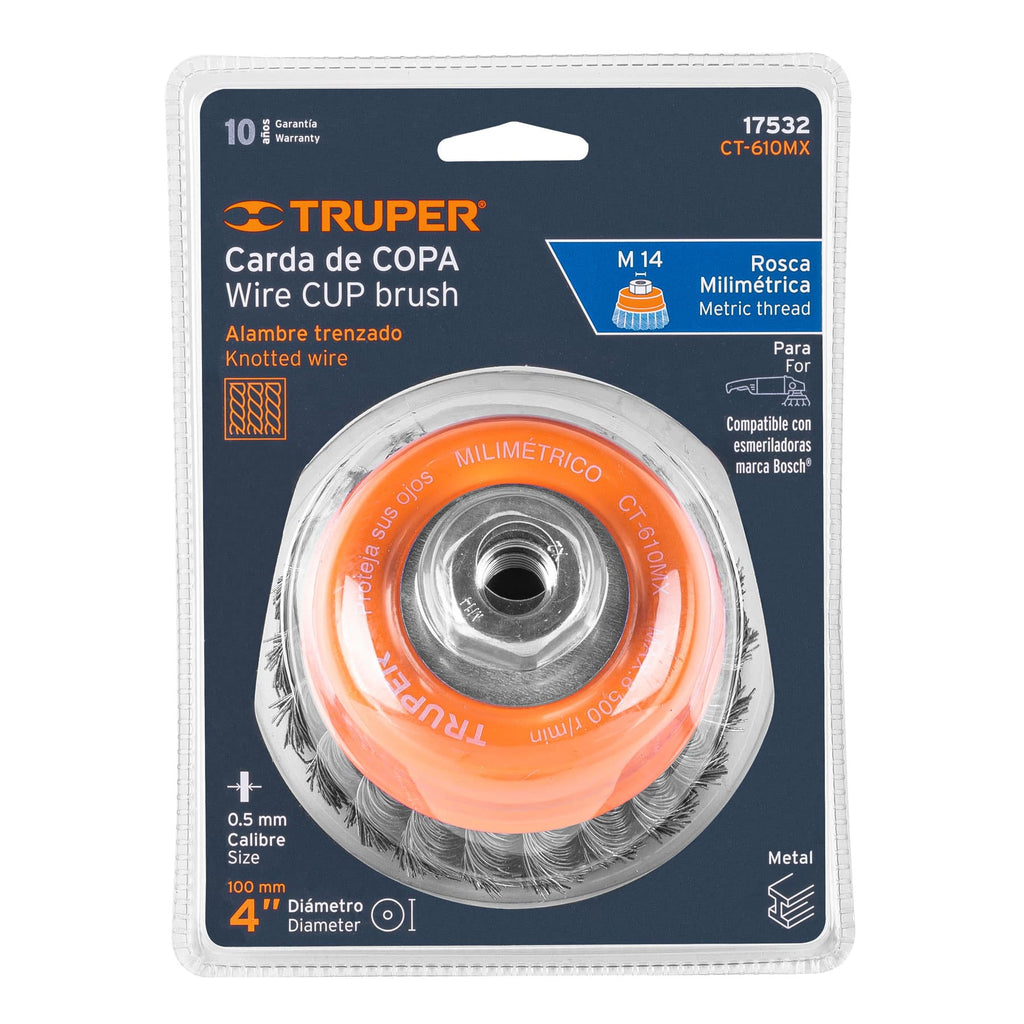 Carda copa 4" alambre trenzado grueso, eje M14, TRUPER CT-610MX (17532)