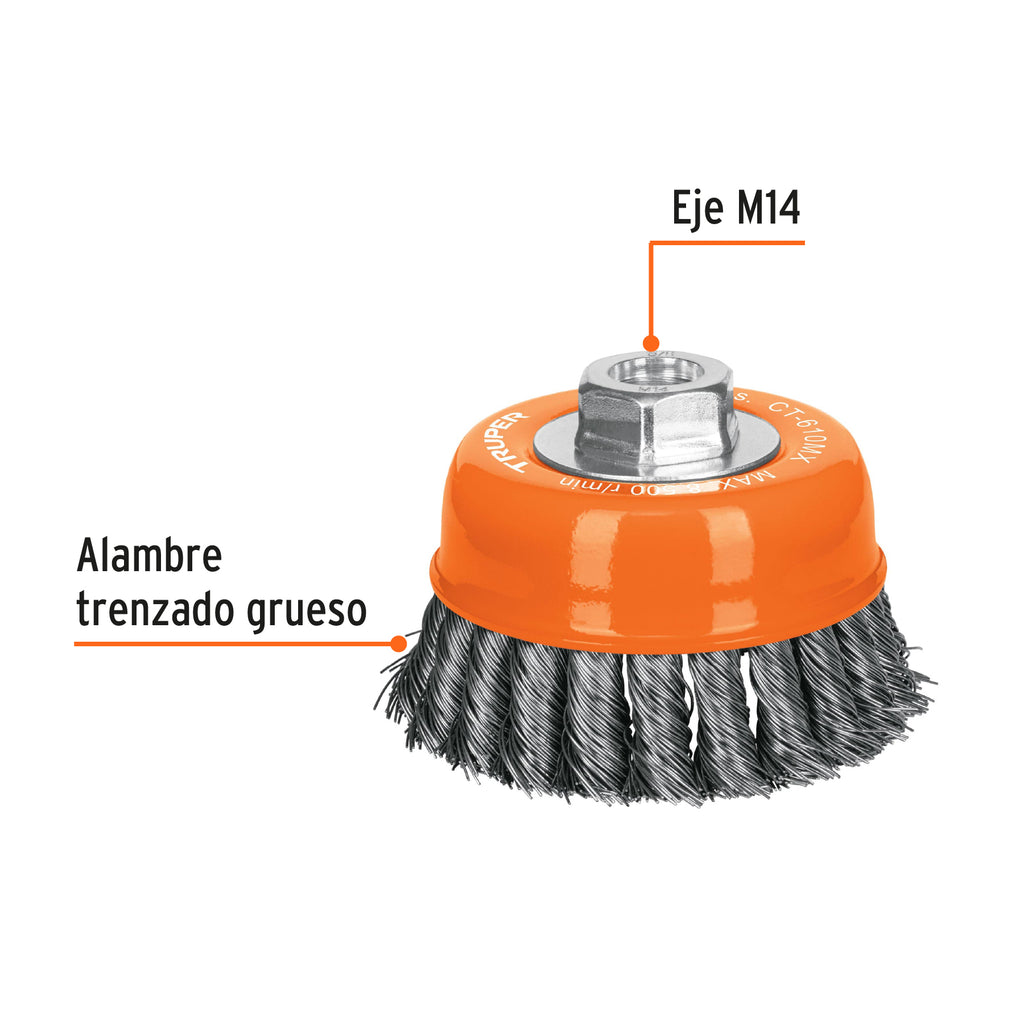 Carda copa 4" alambre trenzado grueso, eje M14, TRUPER CT-610MX (17532)