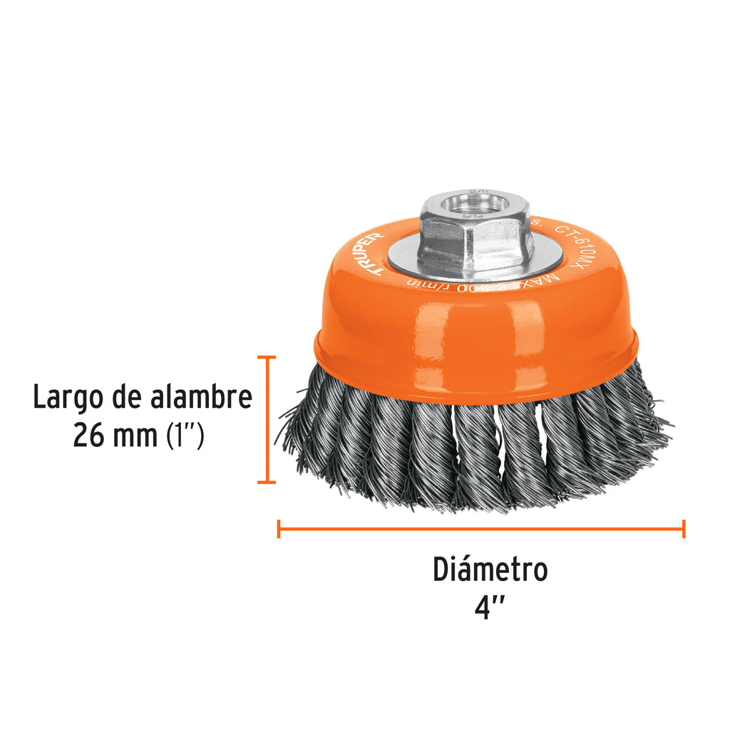 Carda copa 4" alambre trenzado grueso, eje M14, TRUPER CT-610MX (17532)