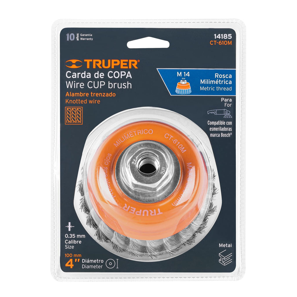 Carda copa 4" alambre trenzado fino, eje M14, TRUPER CT-610M (14185)