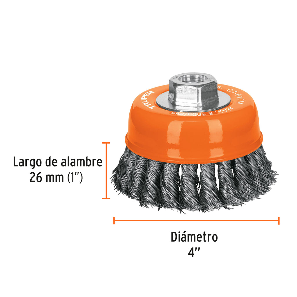 Carda copa 4" alambre trenzado fino, eje M14, TRUPER CT-610M (14185)