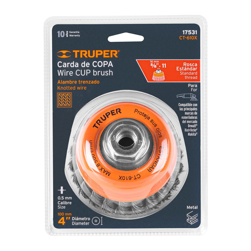 Carda copa 4" alambre trenzado grueso, eje 5/8"-11, TRUPER CT-610X (17531)