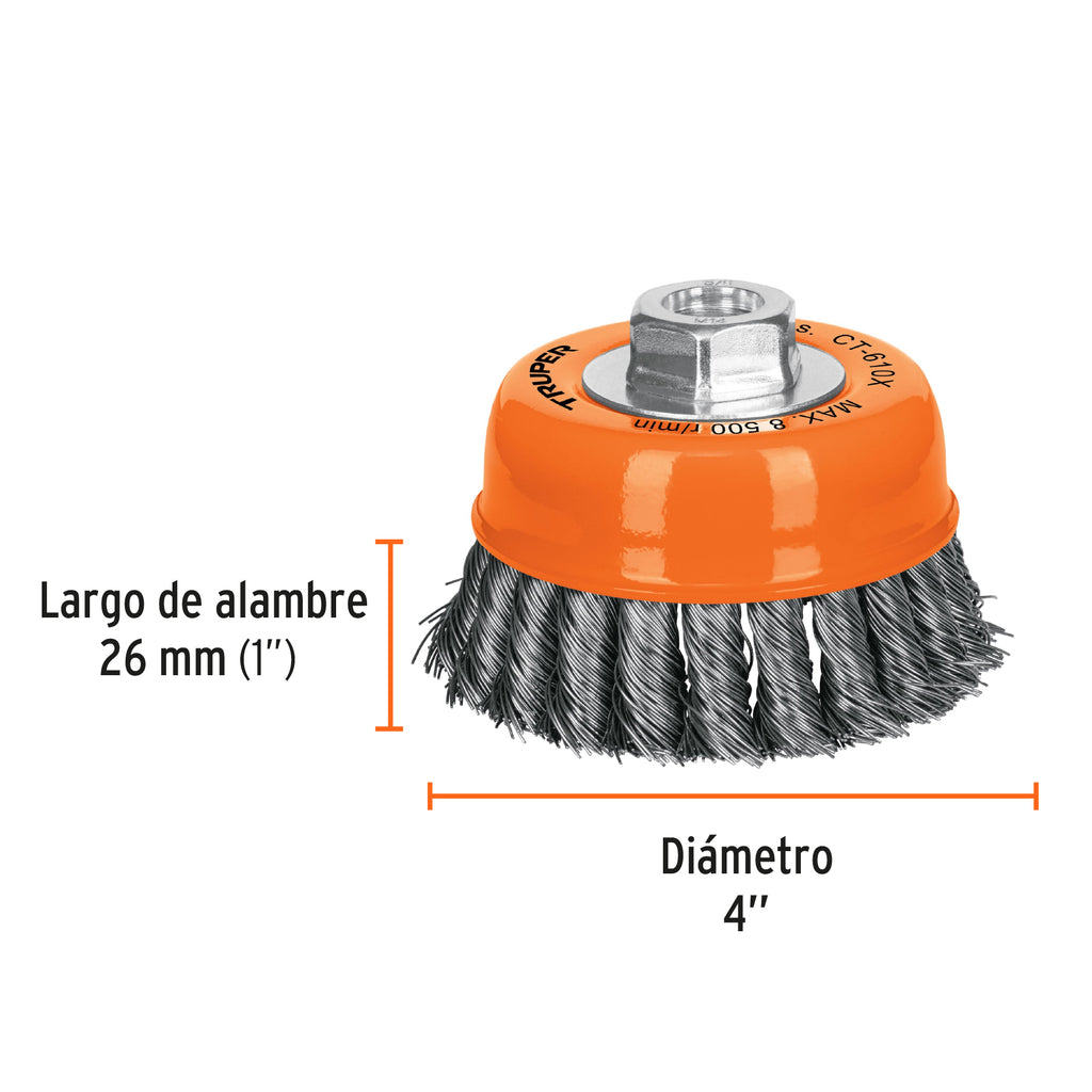 Carda copa 4" alambre trenzado grueso, eje 5/8"-11, TRUPER CT-610X (17531)