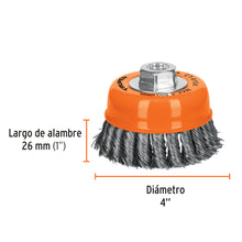 Cargar imagen en el visor de la galería, Carda copa 4&quot; alambre trenzado grueso, eje 5/8&quot;-11, TRUPER CT-610X (17531)