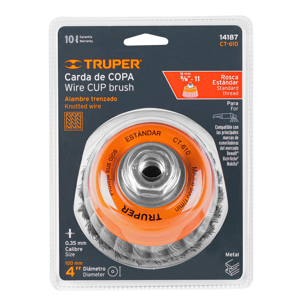 Carda copa 4" alambre trenzado fino, eje 5/8"-11, TRUPER CT-610 (14187)