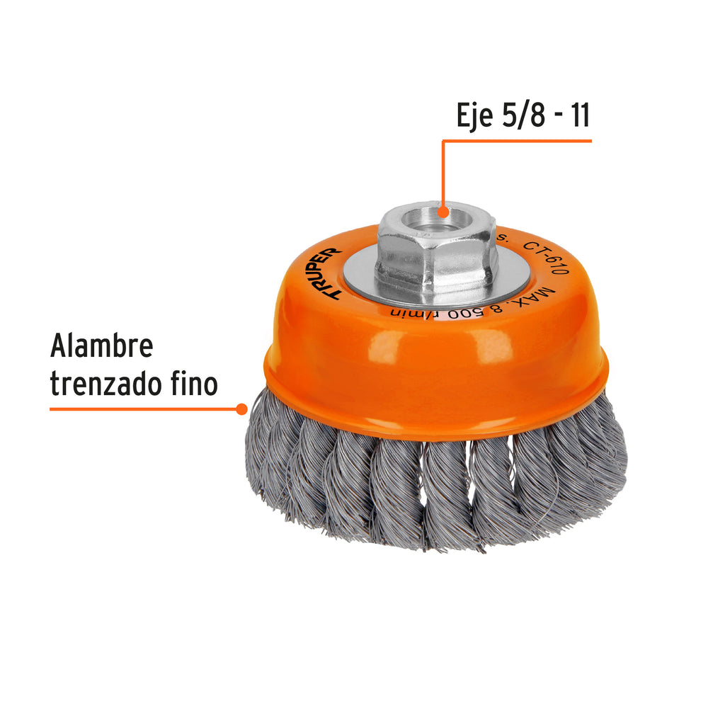 Carda copa 4" alambre trenzado fino, eje 5/8"-11, TRUPER CT-610 (14187)