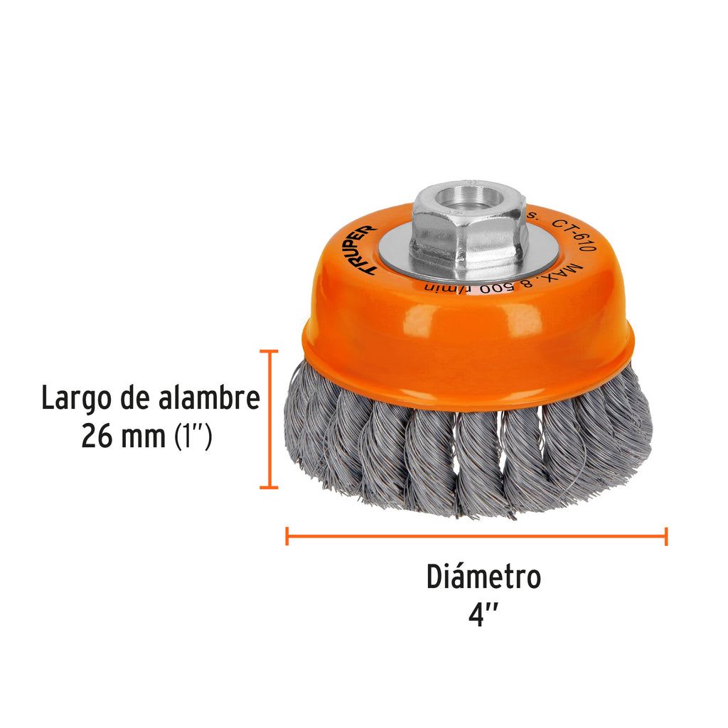 Carda copa 4" alambre trenzado fino, eje 5/8"-11, TRUPER CT-610 (14187)