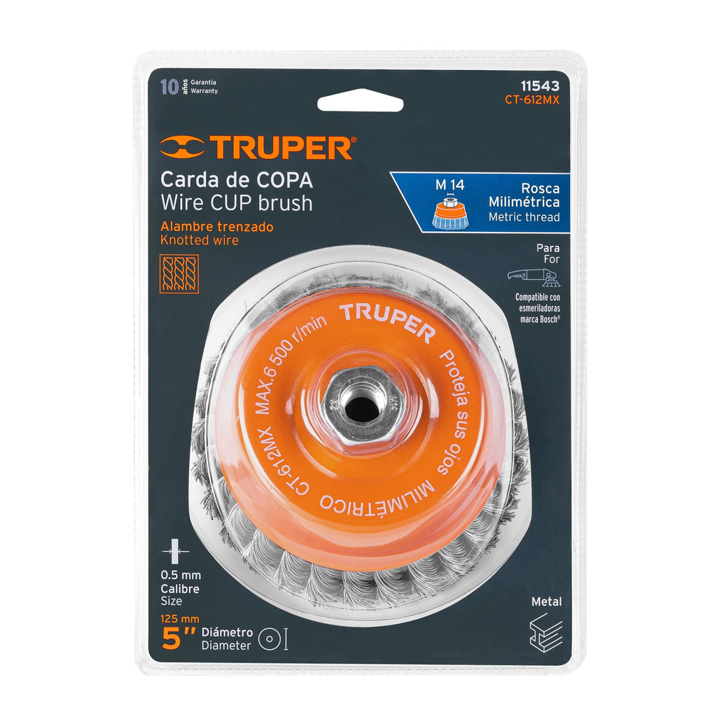 Carda copa 5" alambre trenzado grueso, eje M14, TRUPER CT-612MX (11543)