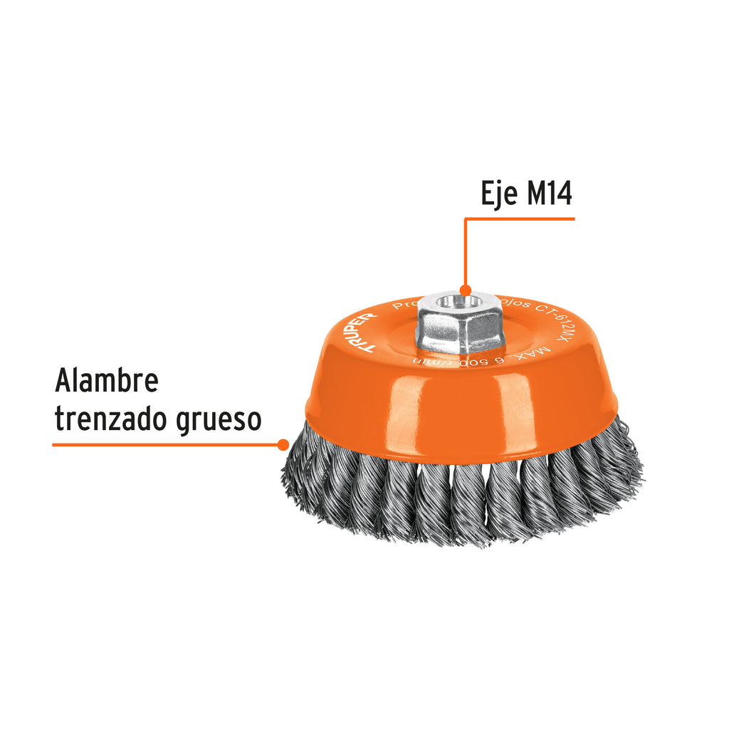 Carda copa 5" alambre trenzado grueso, eje M14, TRUPER CT-612MX (11543)