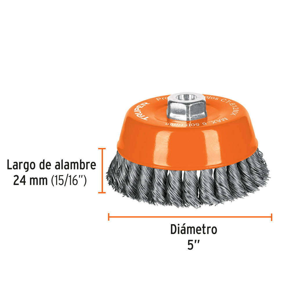 Carda copa 5" alambre trenzado grueso, eje M14, TRUPER CT-612MX (11543)