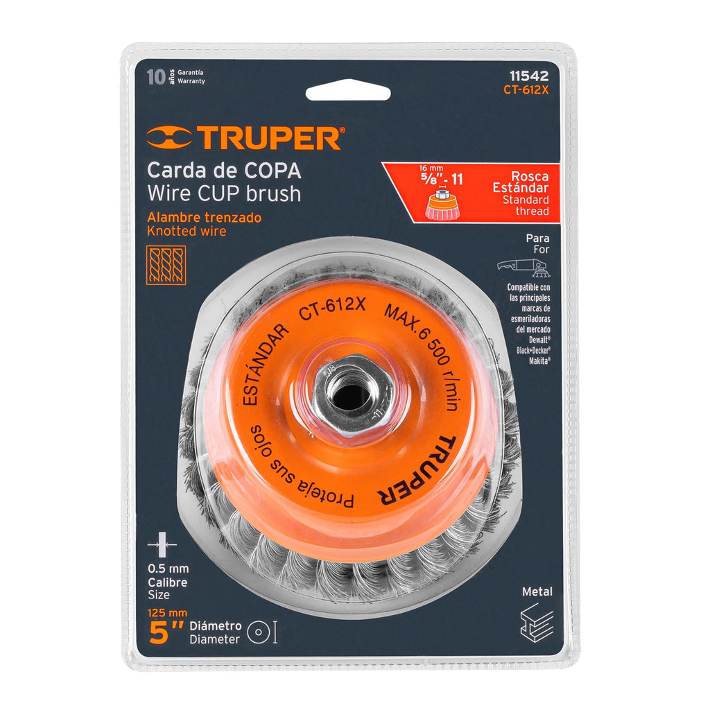 Carda copa 5" alambre trenzado grueso, eje 5/8"-11, TRUPER CT-612X (11542)