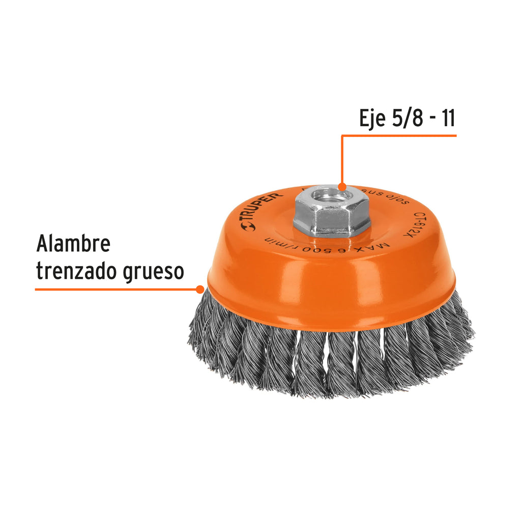 Carda copa 5" alambre trenzado grueso, eje 5/8"-11, TRUPER CT-612X (11542)