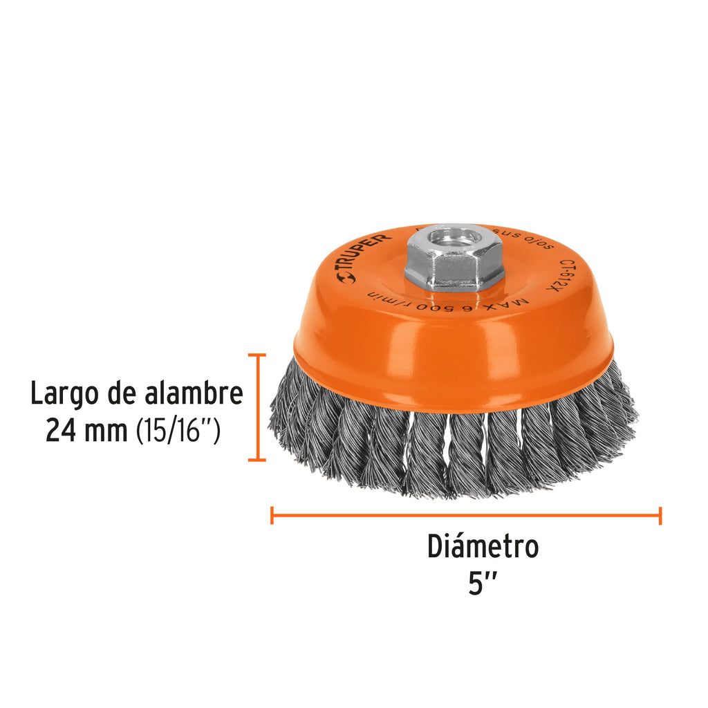 Carda copa 5" alambre trenzado grueso, eje 5/8"-11, TRUPER CT-612X (11542)