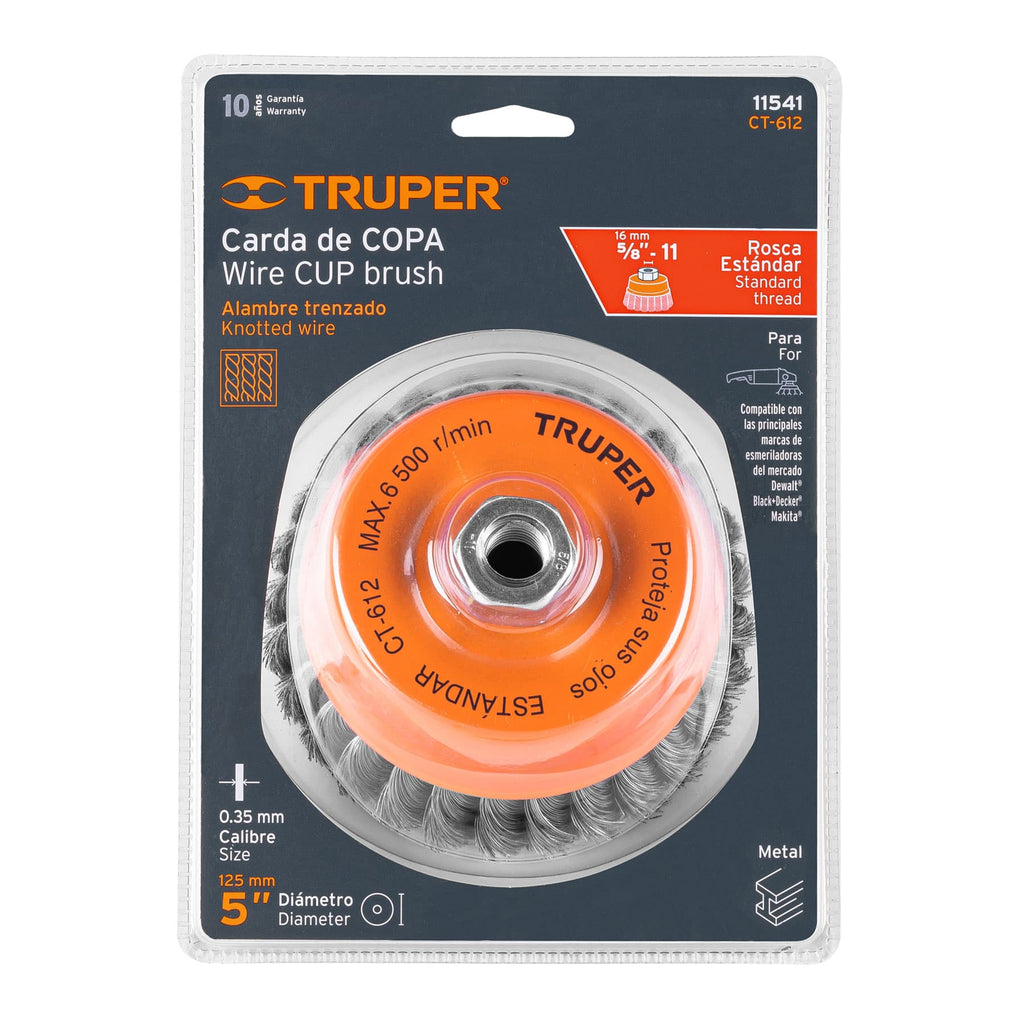 Carda copa 5" alambre trenzado fino, eje 5/8"-11, TRUPER CT-612 (11541)