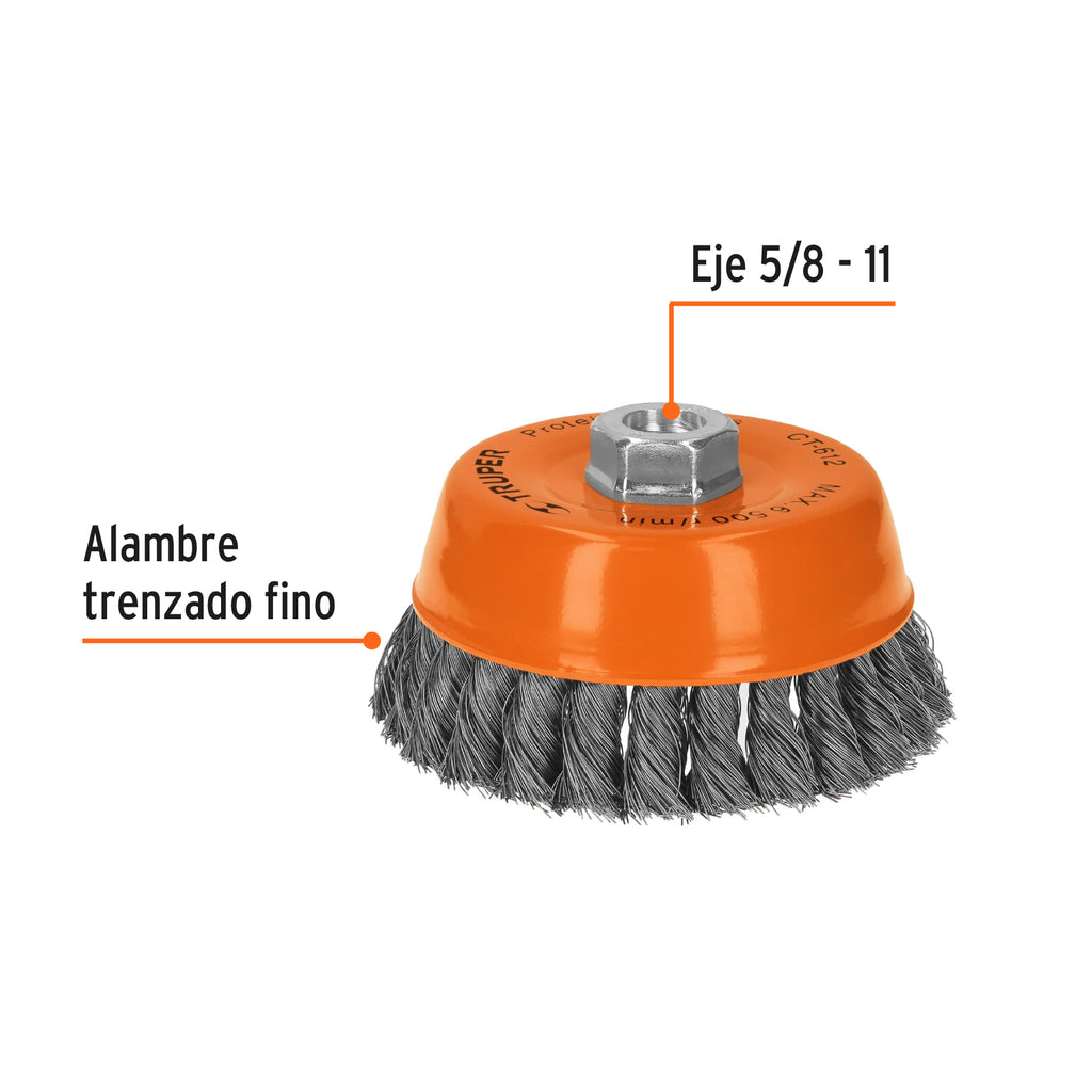 Carda copa 5" alambre trenzado fino, eje 5/8"-11, TRUPER CT-612 (11541)