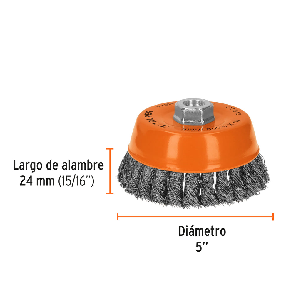 Carda copa 5" alambre trenzado fino, eje 5/8"-11, TRUPER CT-612 (11541)