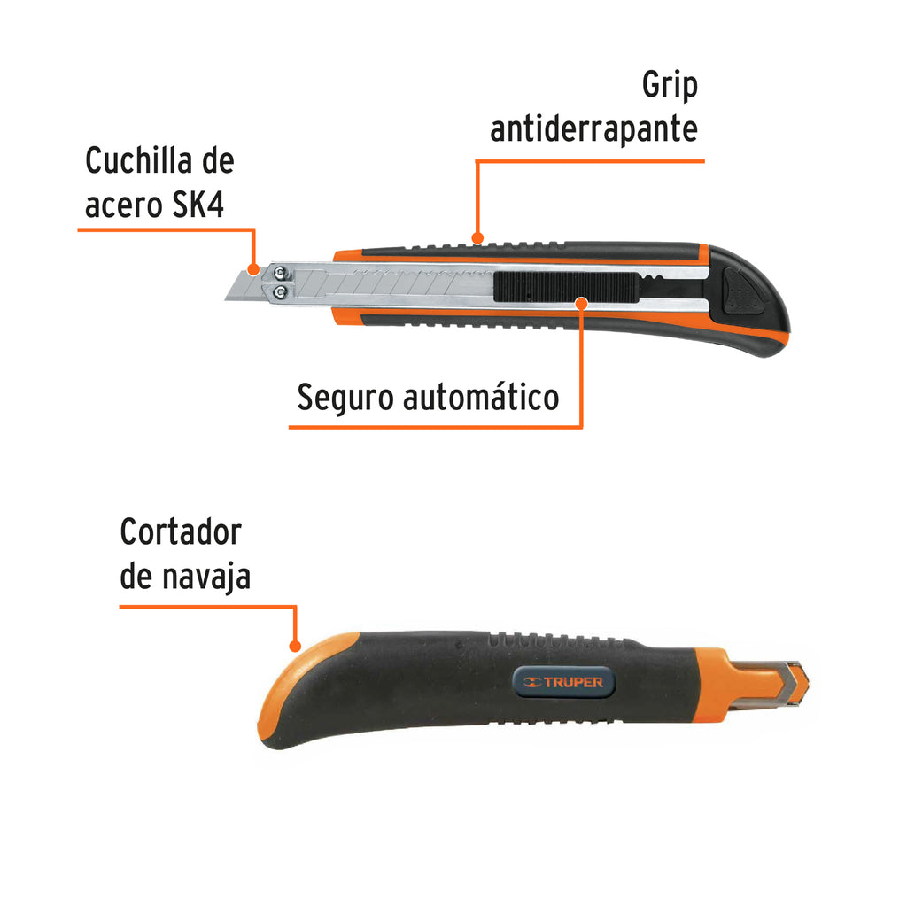 Cutter 9 mm profesional con alma metálica y grip, TRUPER CUT-5X (16971)